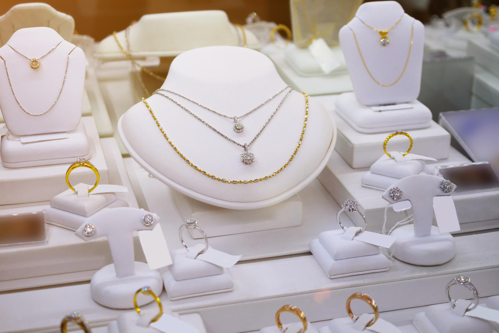 jewelry diamond gold shop with rings and necklaces luxury